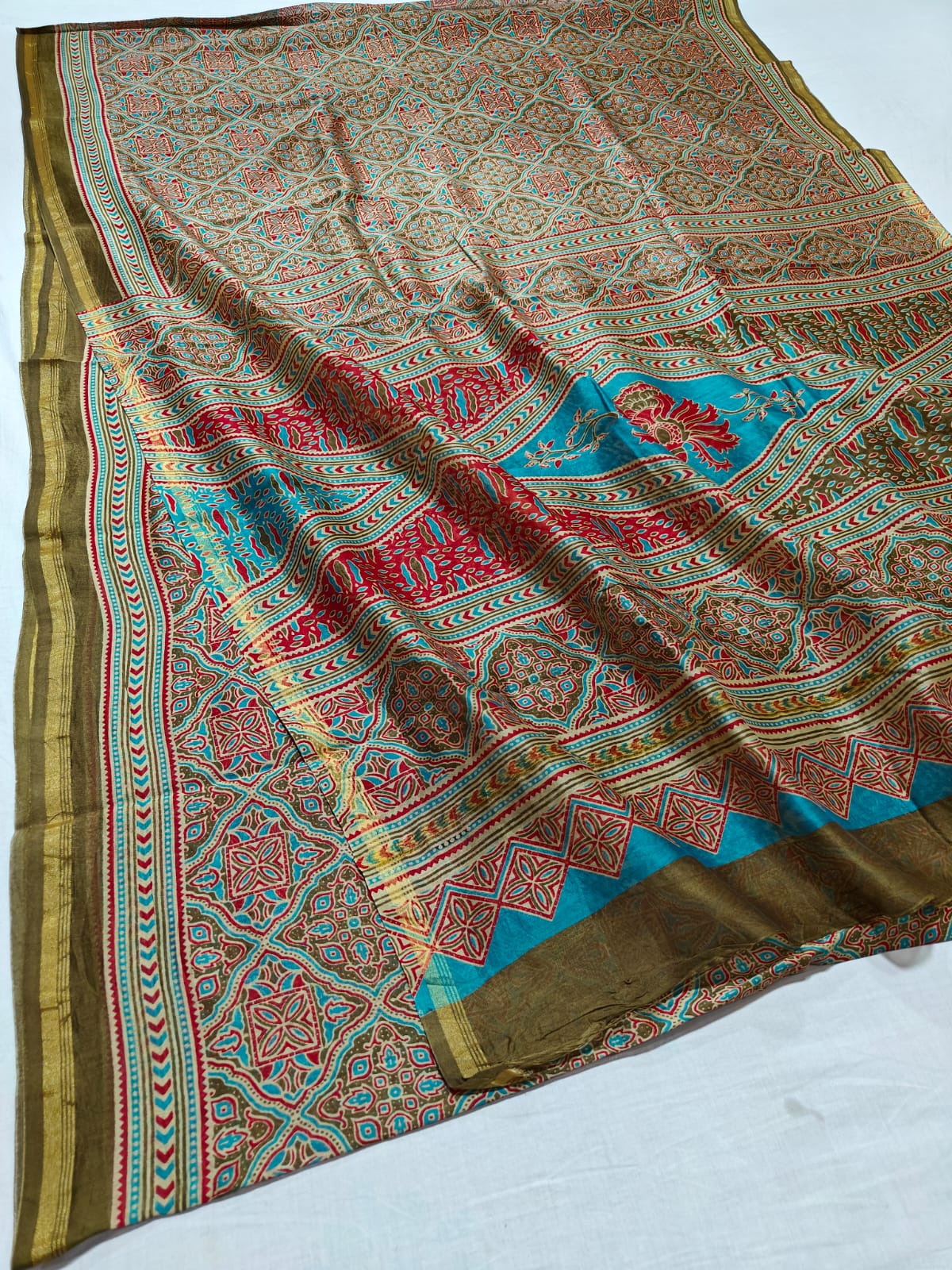 CHANDERI SILK AJRAKH BLOCK PRINT SAREE | RUNNING BLOUSE | NETURAL DYE |