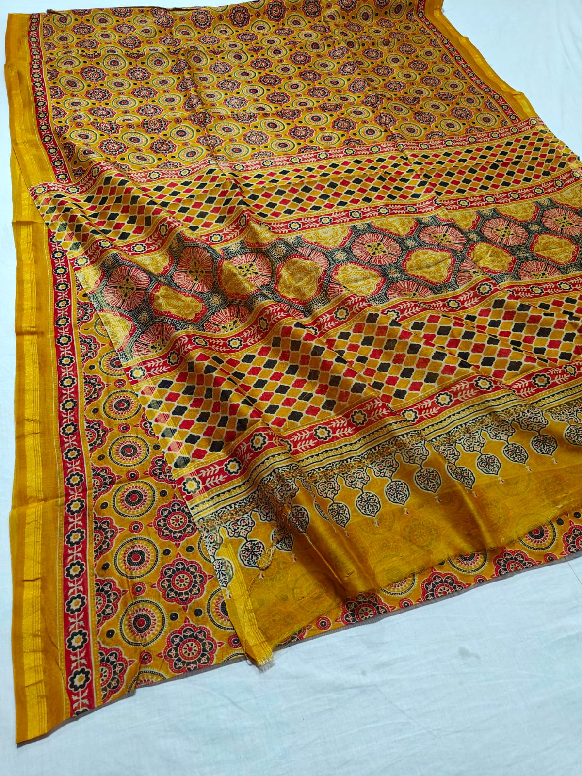 CHANDERI SILK AJRAKH BLOCK PRINT SAREE | RUNNING BLOUSE | NETURAL DYE |