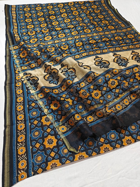 CHANDERI SILK AJRAKH BLOCK PRINT SAREE | RUNNING BLOUSE | NETURAL DYE |