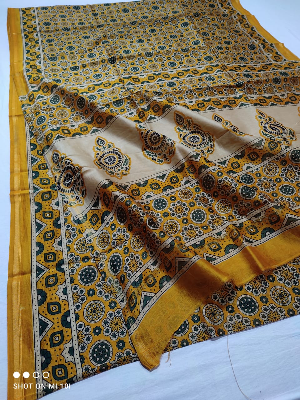 CHANDERI SILK AJRAKH BLOCK PRINT SAREE | RUNNING BLOUSE | NETURAL DYE |