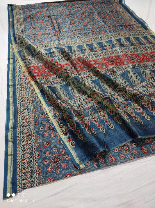 CHANDERI SILK AJRAKH BLOCK PRINT SAREE | RUNNING BLOUSE | NETURAL DYE |