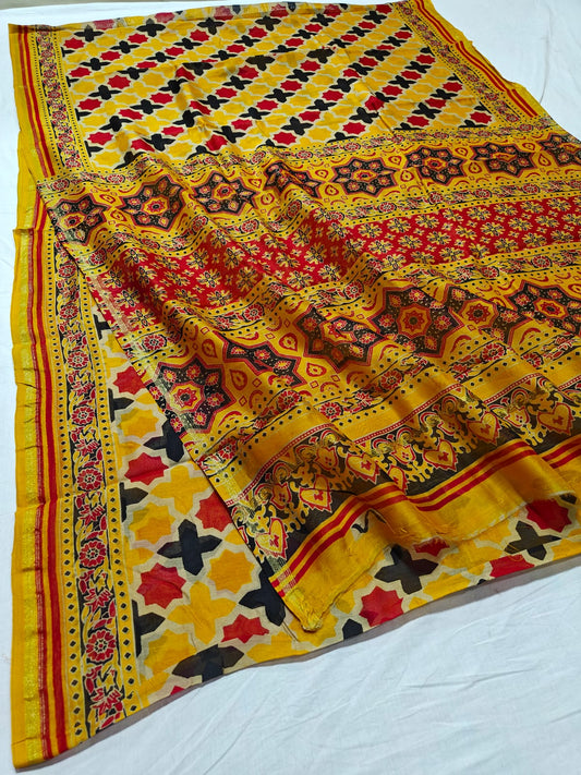 CHANDERI SILK AJRAKH BLOCK PRINT SAREE | RUNNING BLOUSE | NETURAL DYE |