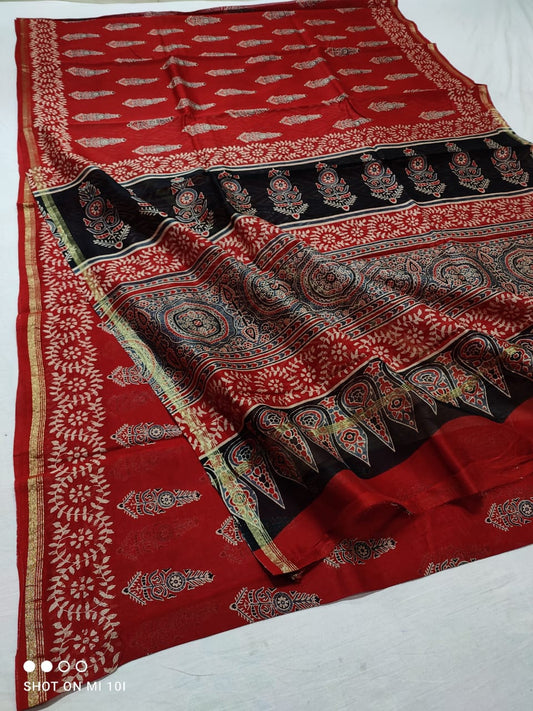 CHANDERI SILK AJRAKH BLOCK PRINT SAREE | RUNNING BLOUSE | NETURAL DYE |