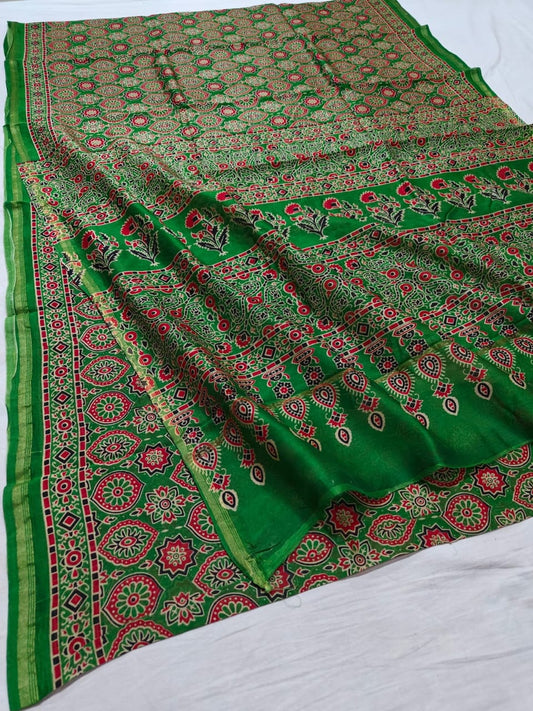 CHANDERI SILK AJRAKH BLOCK PRINT SAREE | RUNNING BLOUSE | NETURAL DYE |