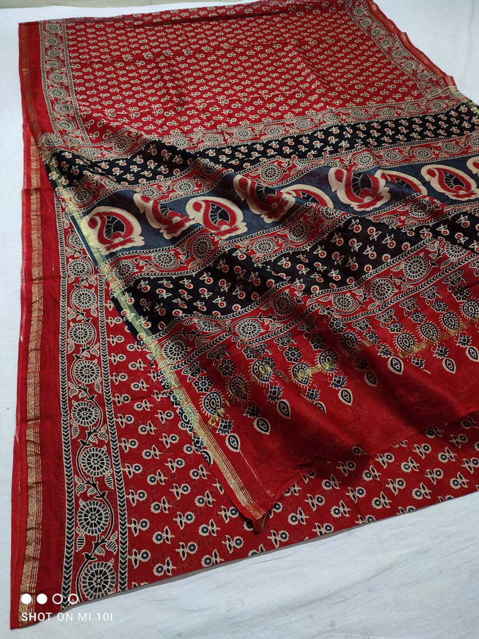 CHANDERI SILK AJRAKH BLOCK PRINT SAREE | RUNNING BLOUSE | NETURAL DYE |