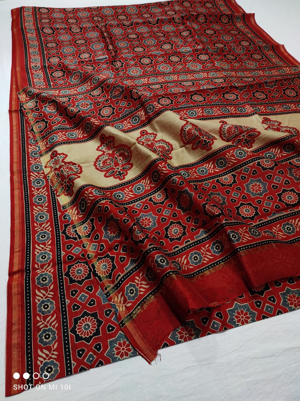 CHANDERI SILK AJRAKH BLOCK PRINT SAREE | RUNNING BLOUSE | NETURAL DYE |