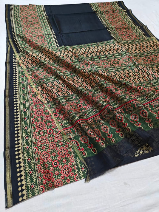 CHANDERI SILK AJRAKH BLOCK PRINT SAREE | RUNNING BLOUSE | NETURAL DYE |