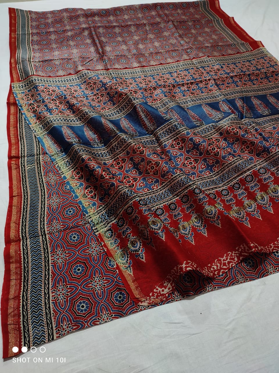 CHANDERI SILK AJRAKH BLOCK PRINT SAREE | RUNNING BLOUSE | NETURAL DYE |