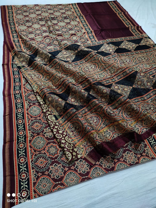 CHANDERI SILK AJRAKH BLOCK PRINT SAREE | RUNNING BLOUSE | NETURAL DYE |