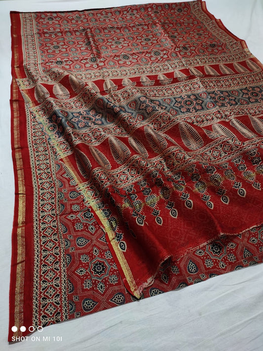 CHANDERI SILK AJRAKH BLOCK PRINT SAREE | RUNNING BLOUSE | NETURAL DYE |