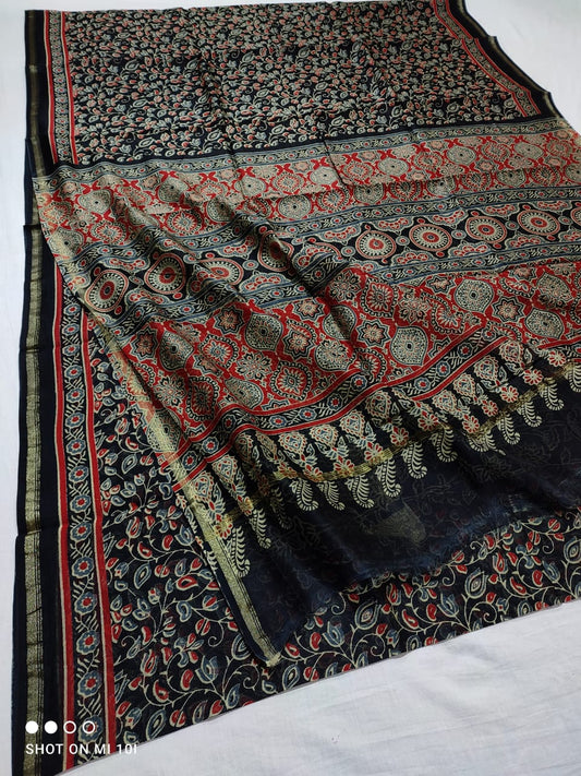 CHANDERI SILK AJRAKH BLOCK PRINT SAREE | RUNNING BLOUSE | NETURAL DYE |