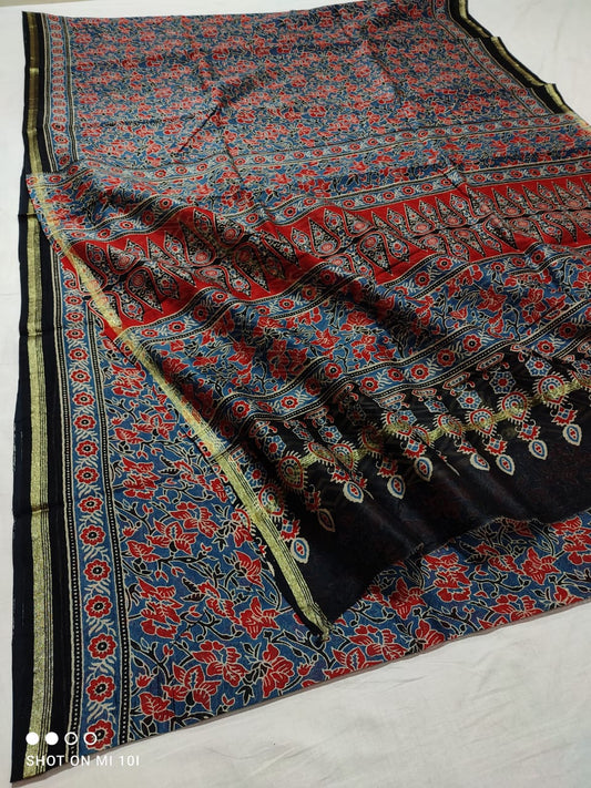 CHANDERI SILK AJRAKH BLOCK PRINT SAREE | RUNNING BLOUSE | NETURAL DYE |