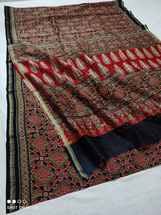 CHANDERI SILK AJRAKH BLOCK PRINT SAREE | RUNNING BLOUSE | NETURAL DYE |