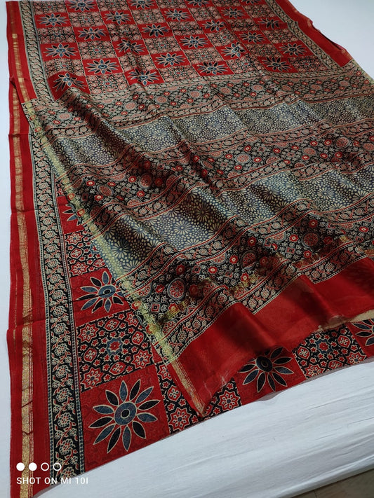 CHANDERI SILK AJRAKH BLOCK PRINT SAREE | RUNNING BLOUSE | NETURAL DYE |