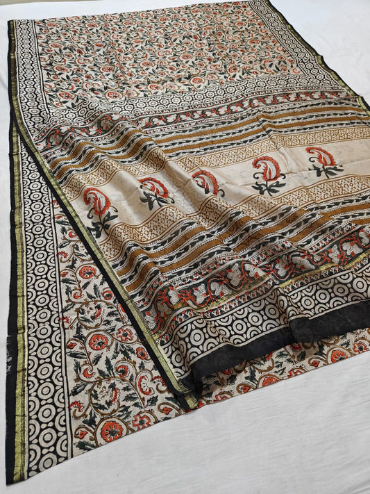 handblock kalamkari printed chanderi silk saree | with blouse peice netural dye | non remuvable print|