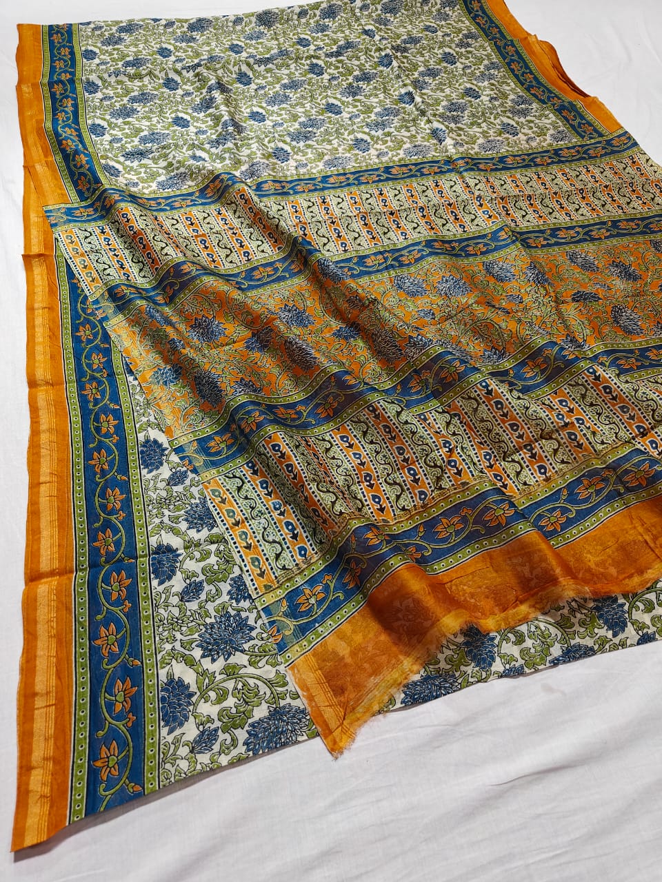 handblock kalamkari printed chanderi silk saree | with blouse peice netural dye | non remuvable print|