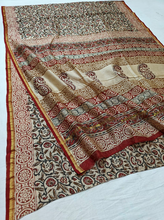 handblock kalamkari printed chanderi silk saree | with blouse peice netural dye | non remuvable print|