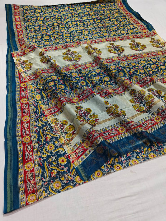 handblock kalamkari printed chanderi silk saree | with blouse peice netural dye | non remuvable print|