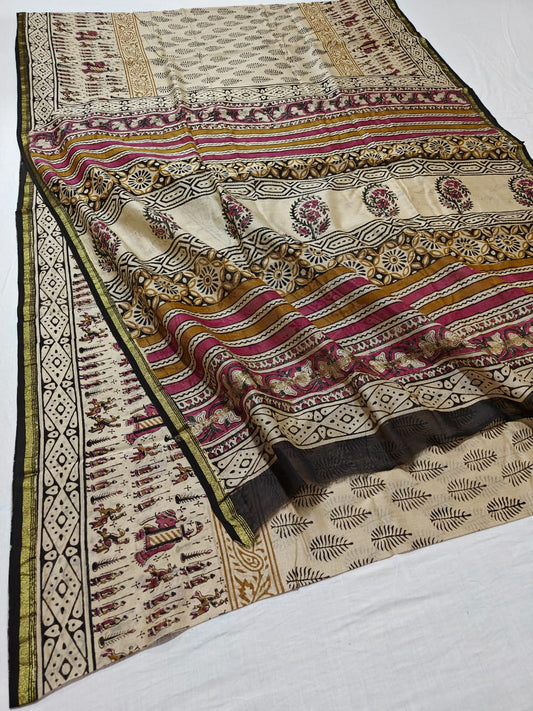 handblock kalamkari printed chanderi silk saree | with blouse peice netural dye | non remuvable print|