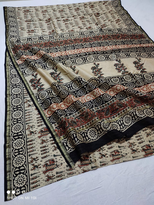 handblock kalamkari printed chanderi silk saree | with blouse peice netural dye | non remuvable print|