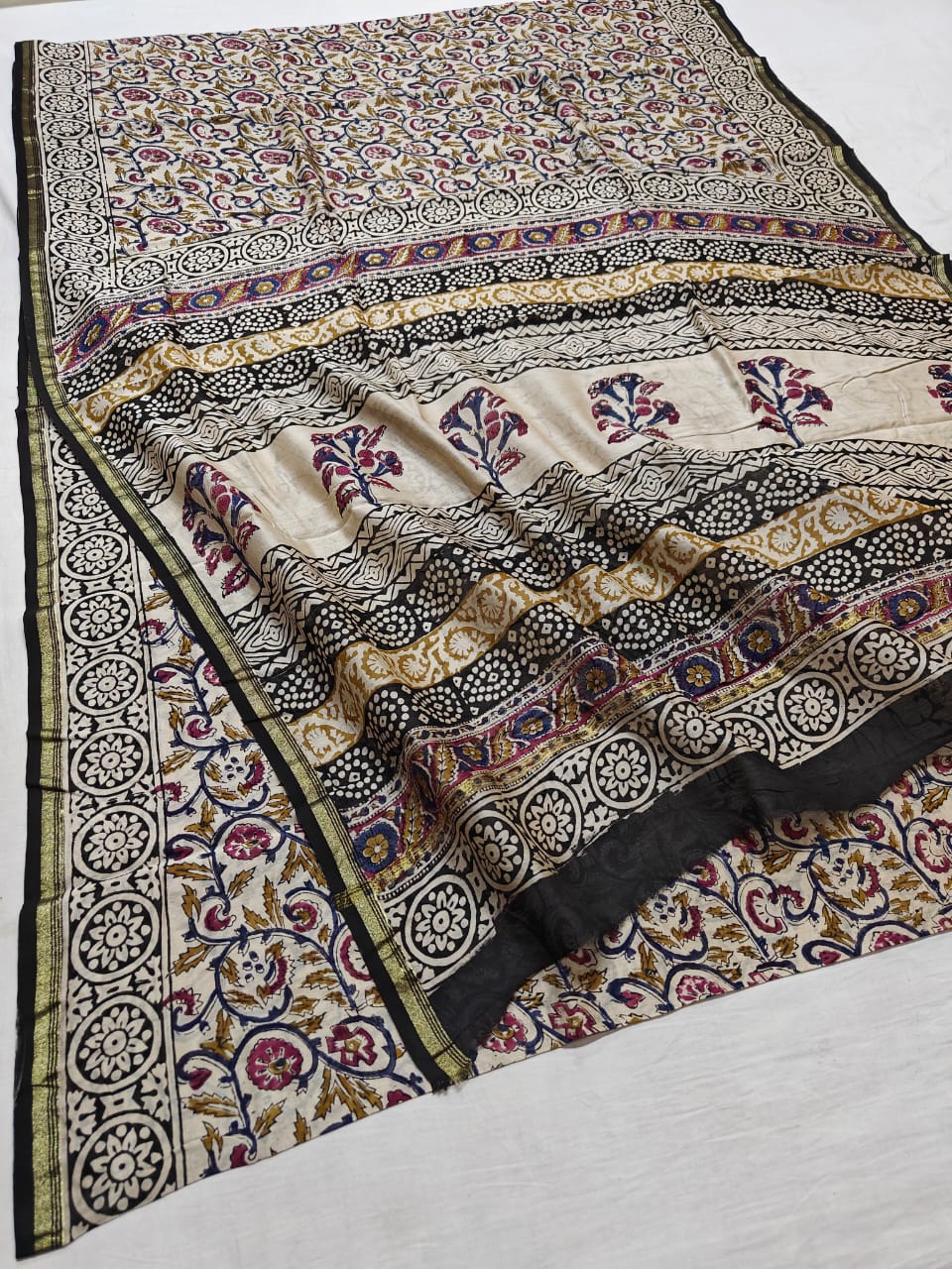 handblock kalamkari printed chanderi silk saree | with blouse peice netural dye | non remuvable print|