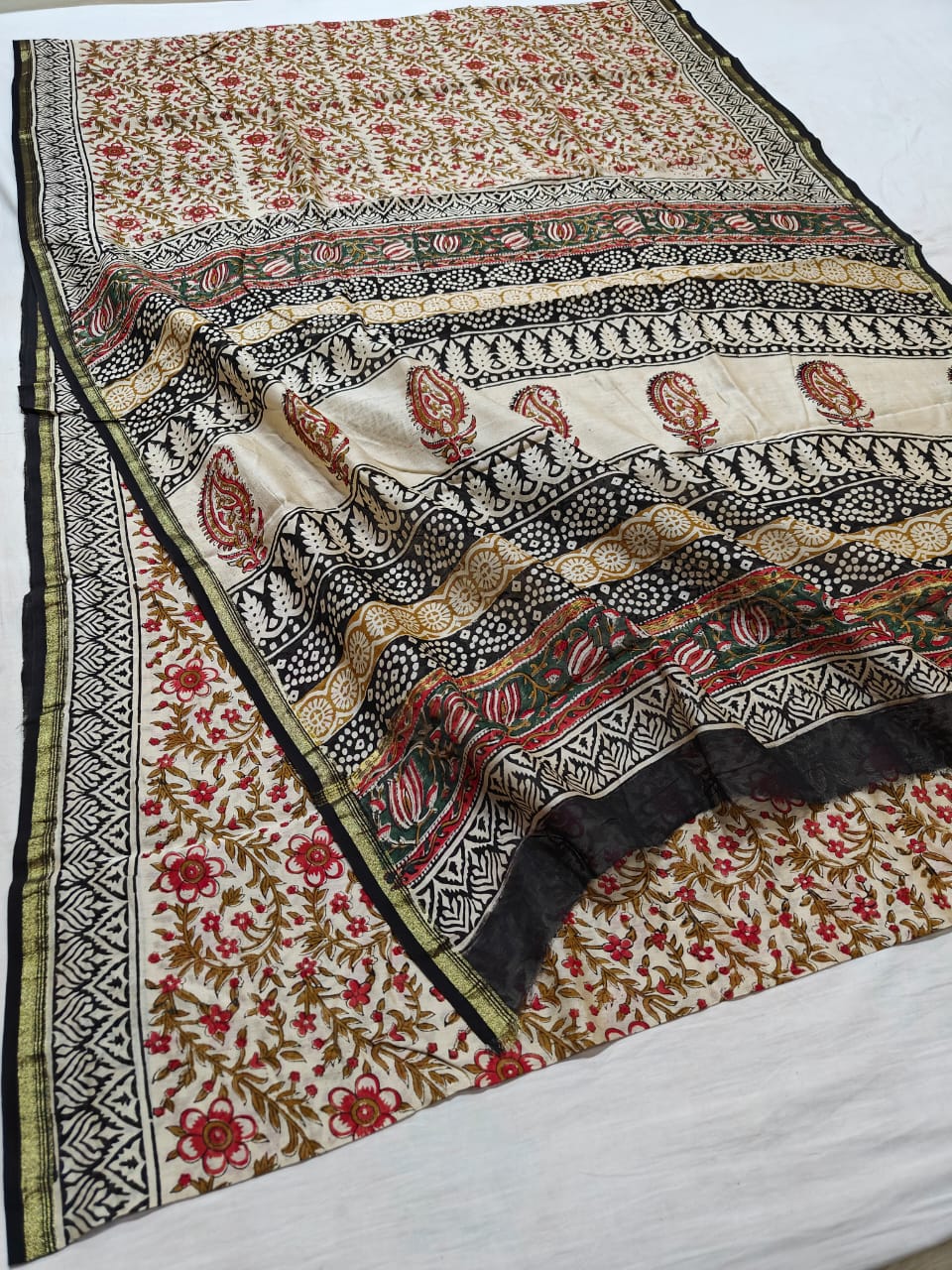 handblock kalamkari printed chanderi silk saree | with blouse peice netural dye | non remuvable print|