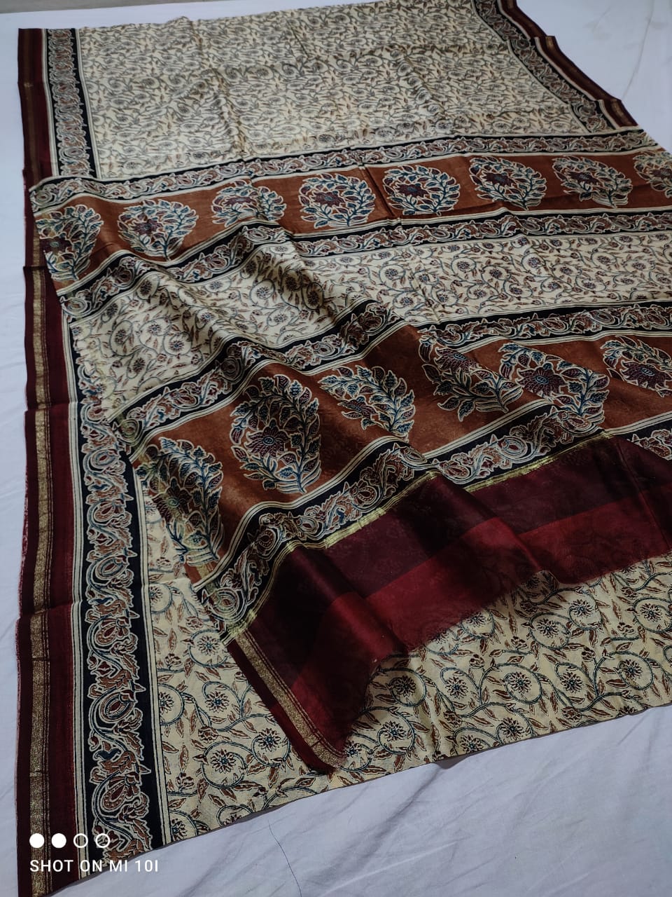 handblock kalamkari printed chanderi silk saree | with blouse peice netural dye | non remuvable print|