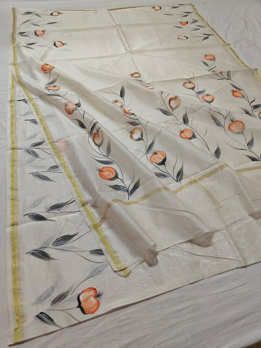 chanderi silk floral hand painted saree | Natural Dye | running blouse | white colour