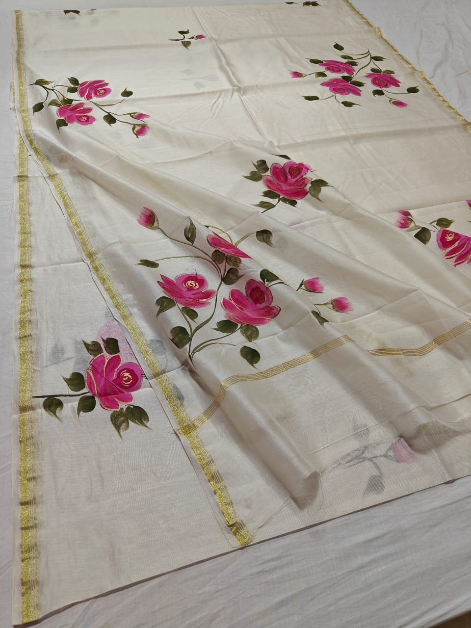 chanderi silk floral hand painted saree | Natural Dye | running blouse | white color