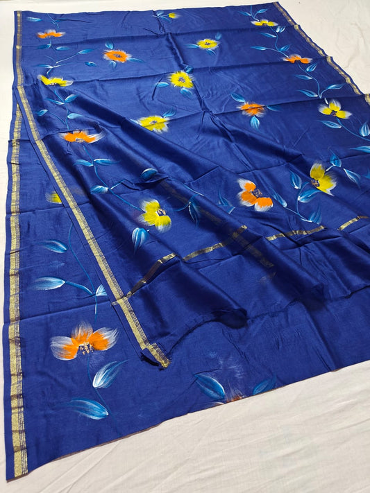 chanderi silk floral hand painted saree | Natural Dye | running blouse | blue colour