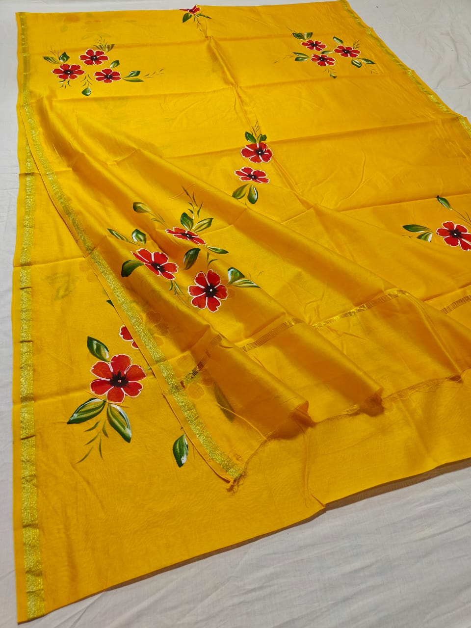 chanderi silk floral hand painted saree | Natural Dye | running blouse | yellow