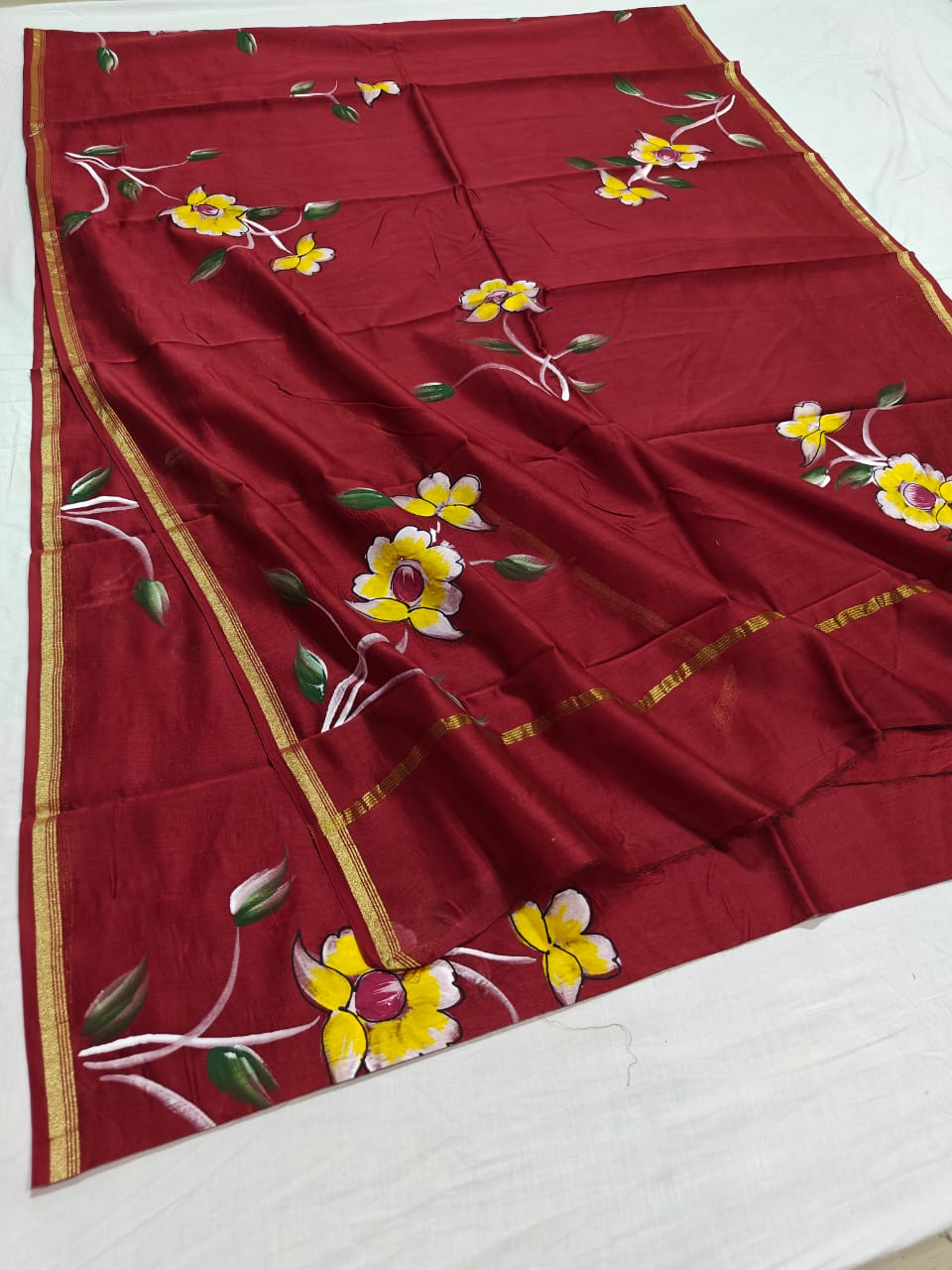 chanderi silk floral hand painted saree | Natural Dye | running blouse | maroon color