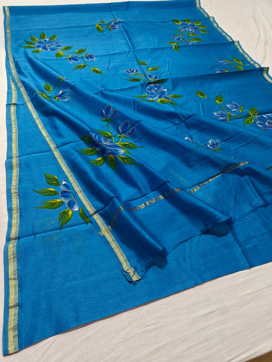 chanderi silk floral hand painted saree | Natural Dye | running blouse | blue color