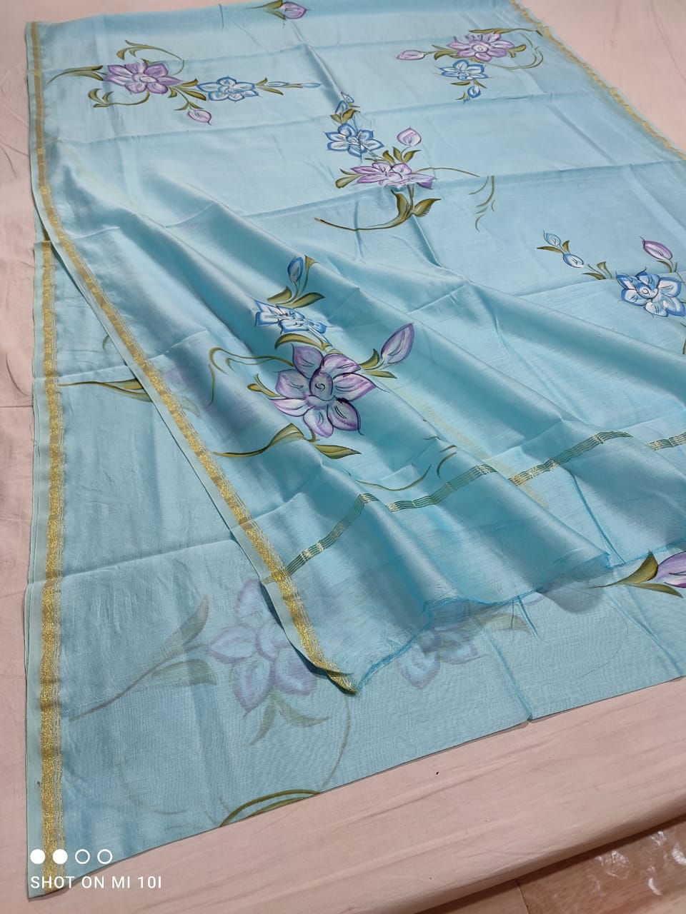 chanderi silk floral hand painted saree | Natural Dye | running blouse | sky blue