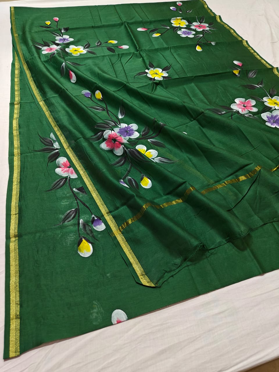 chanderi silk floral hand painted saree | Natural Dye | running blouse | green color