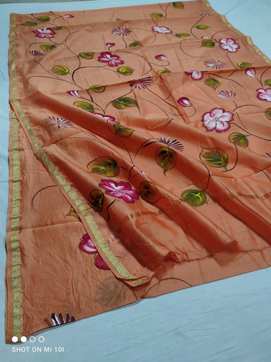 chanderi silk floral hand painted saree | Natural Dye | running blouse |