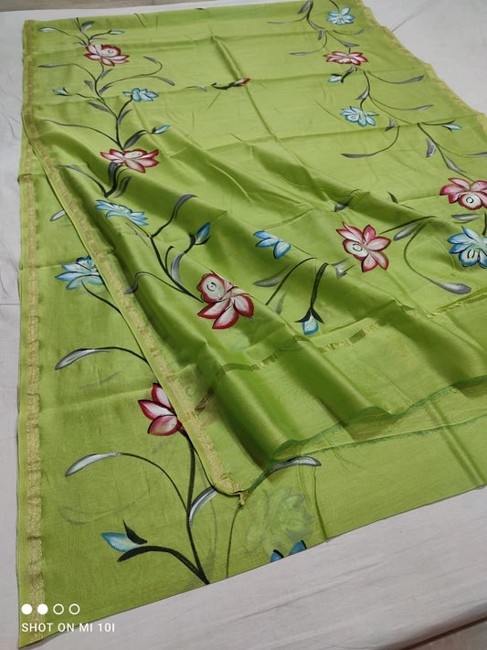 chanderi silk floral hand painted saree | Natural Dye | running blouse | green color |