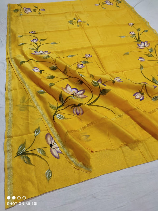 chanderi silk floral hand painted saree | Natural Dye | running blouse | yellow color |