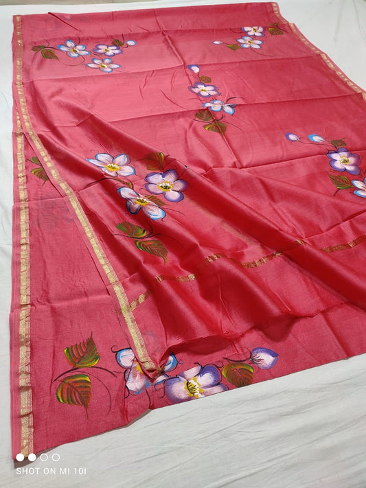 chanderi silk floral hand painted saree | Natural Dye | running blouse | pink colour