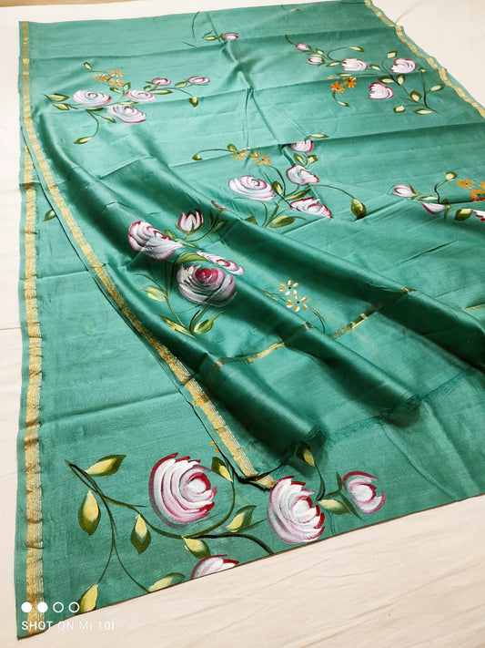 chanderi silk floral hand painted saree | Natural Dye | running blouse | "sea green" color