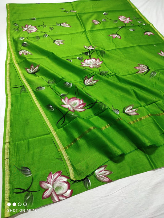 chanderi silk floral hand painted saree | Natural Dye | running blouse | green color |