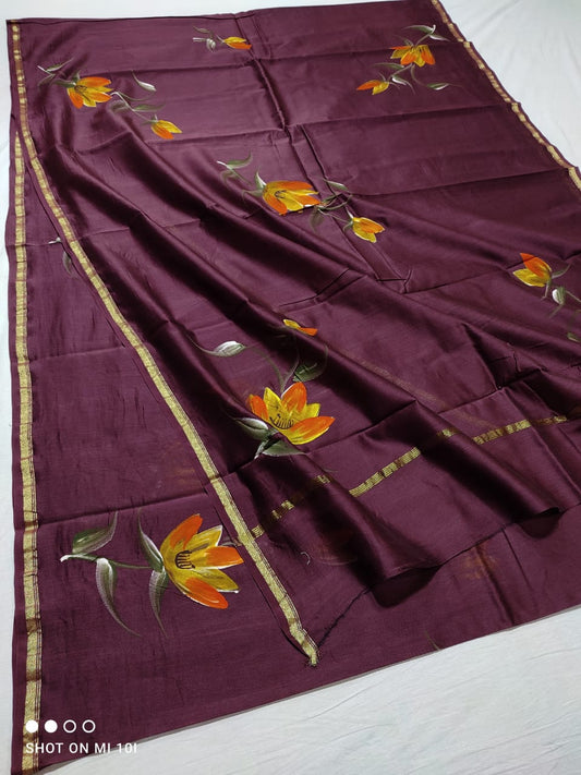 chanderi silk floral hand painted saree | Natural Dye | running blouse | wine color |