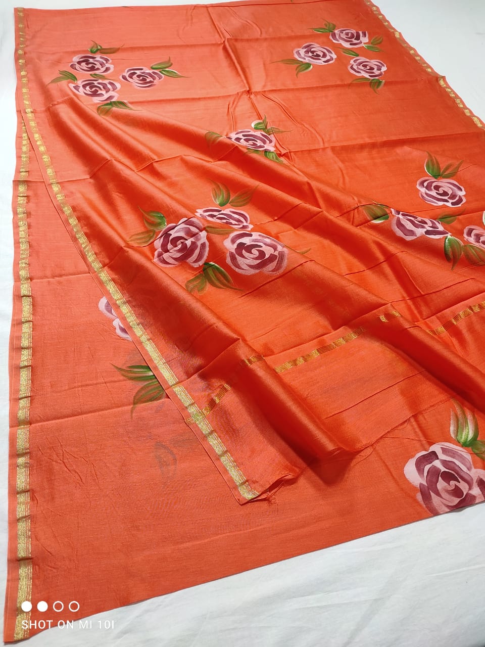 chanderi silk floral hand painted saree | Natural Dye | running blouse | dark orange