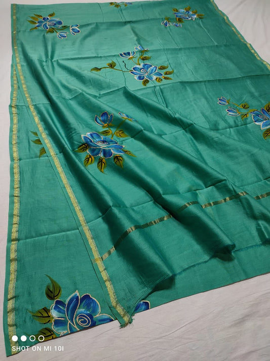 chanderi silk floral hand painted saree | Natural Dye | running blouse |