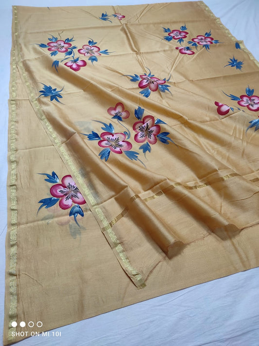 chanderi silk floral hand painted saree | Natural Dye | running blouse |