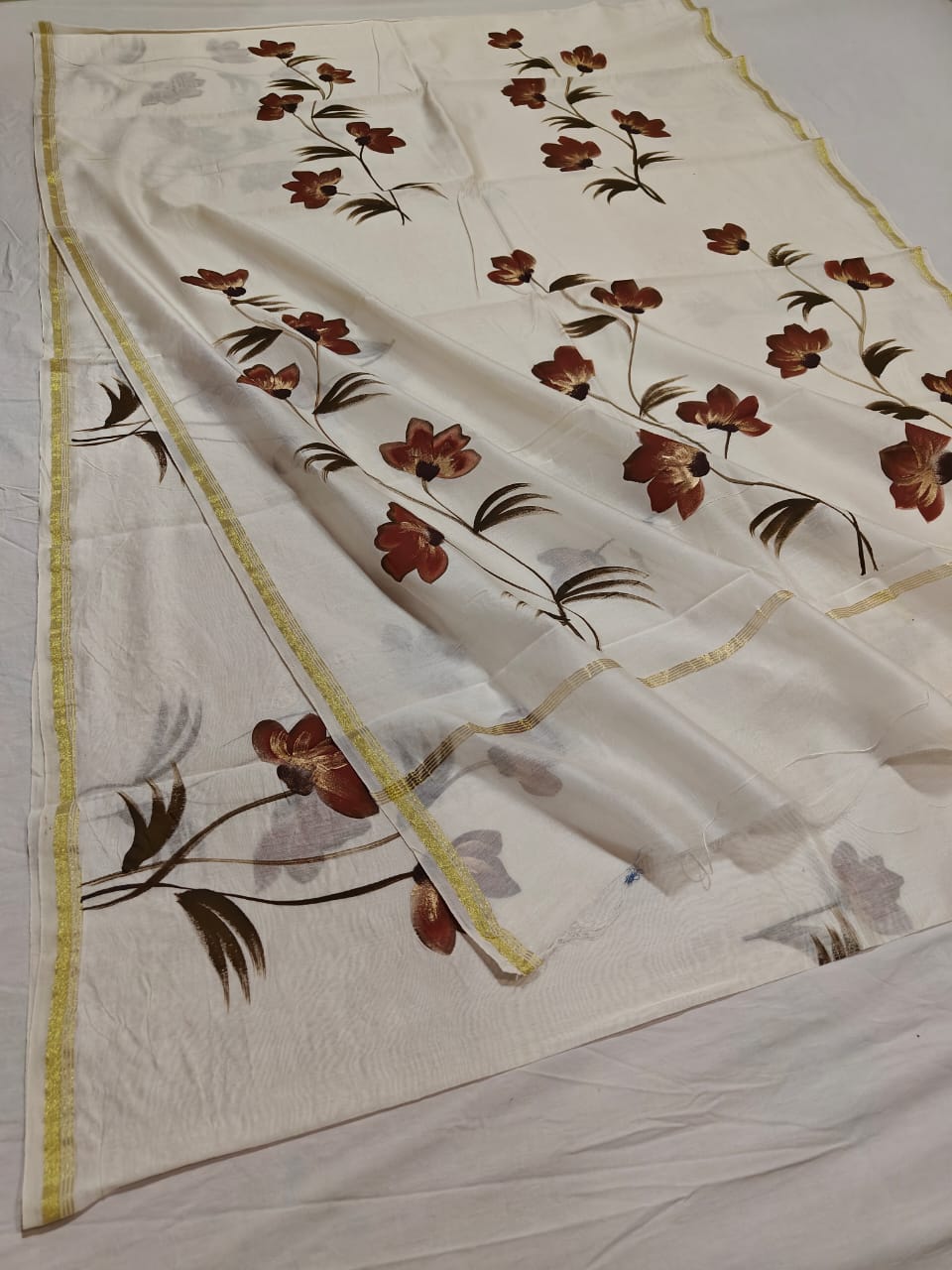 chanderi silk floral hand painted saree | Natural Dye | running blouse | white colour