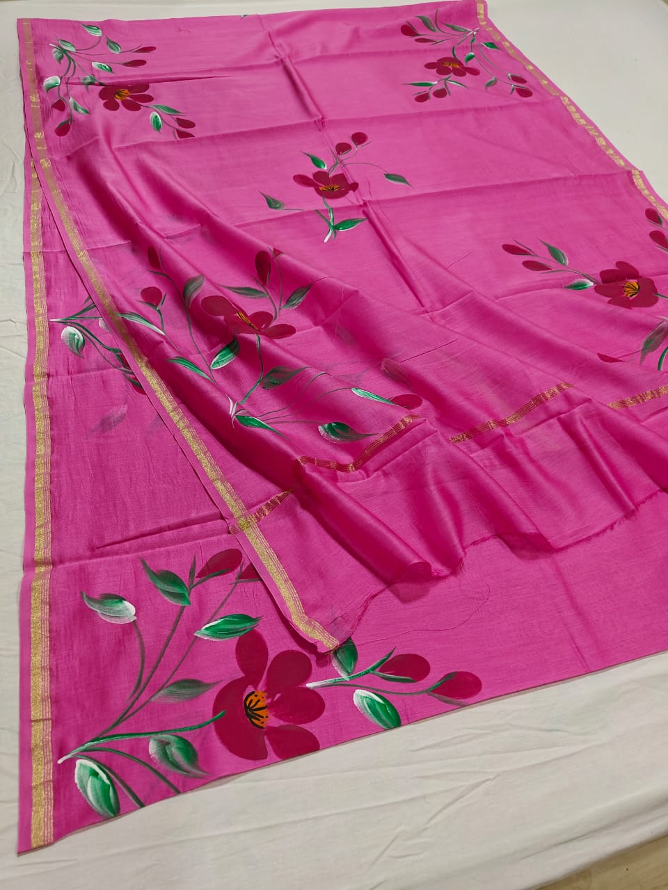 chanderi silk floral hand painted saree | Natural Dye | running blouse | pink colour