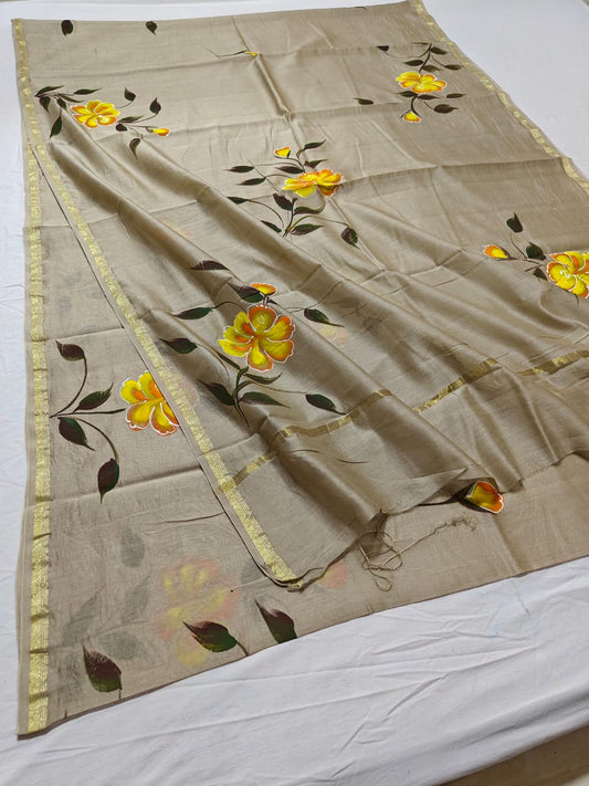 chanderi silk floral hand painted saree | Natural Dye | running blouse | sand beige, color