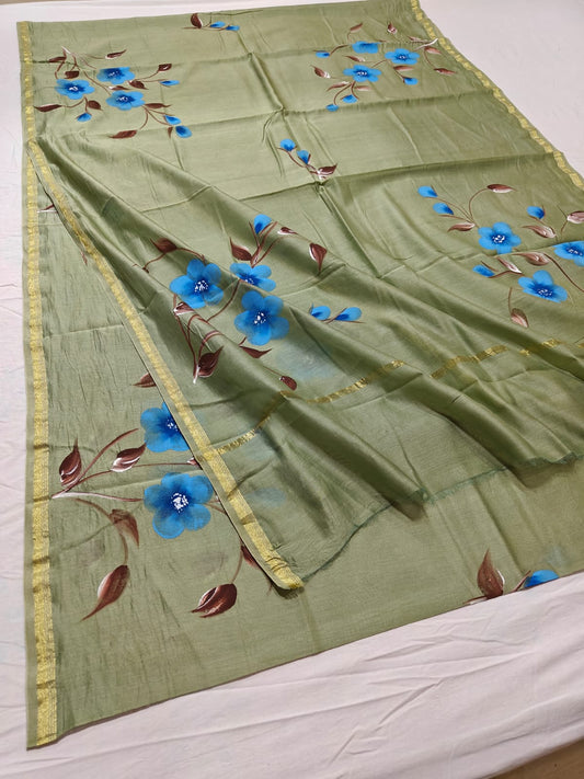 chanderi silk floral hand painted saree | Natural Dye | running blouse |