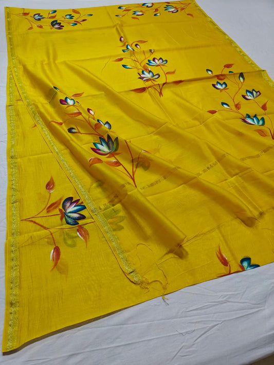 chanderi silk floral hand painted saree | Natural Dye | running blouse | yellow color |